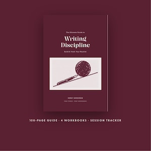 Puede incluir: Un libro color granate titulado The Ultimate Guide to Writing Discipline: Build & Track Your Routine por Koray Saridogan. La portada presenta un gráfico rectangular blanco con una pluma estilográfica y un ovillo de lana. Incluye guía de 108 páginas, 4 cuadernos y rastreador de sesiones.