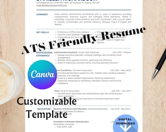 Puede incluir: Una plantilla de currículum con un esquema de color azul y blanco. La plantilla es personalizable e incluye secciones para resumen, habilidades clave, experiencia profesional y educación. El texto "ATS Friendly Resume" está en una fuente grande y está resaltado en azul.
