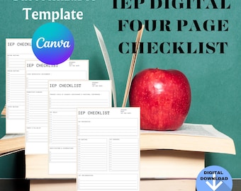 May include: Four page IEP checklist template in a digital format. The checklist is displayed on four white pages with black text and lines. The pages are stacked on top of each other and are sitting on a stack of books. A red apple is sitting on top of the books. The background is a green chalkboard with the text "IEP DIGITAL FOUR PAGE CHECKLIST" written in black. The text "Customizable Template" is written in black at the top of the image. The text "Canva" is written in white on a red circle at the top of the image.