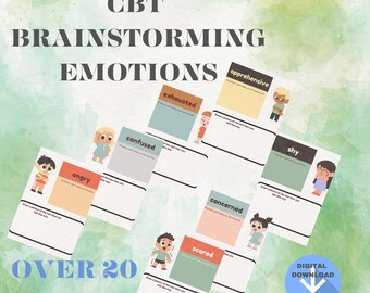 Op de afbeelding: Een digitale download van meer dan 20 pagina's met werkbladen voor het brainstormen over emoties. Elke pagina bevat een andere emotie, zoals uitgeput, angstig, boos, verward, bezorgd, bang en verlegen, met een cartoonillustratie en ruimte om te tekenen en te schrijven.