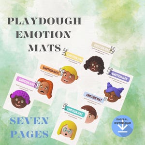 Puede incluir: Siete tapetes de plastilina imprimibles que presentan diferentes expresiones faciales. Cada tapete tiene una cara de dibujos animados colorida con una emoción diferente, como felicidad, tristeza, enojo y sorpresa. Los tapetes están diseñados para ayudar a los niños a aprender y expresar emociones.
