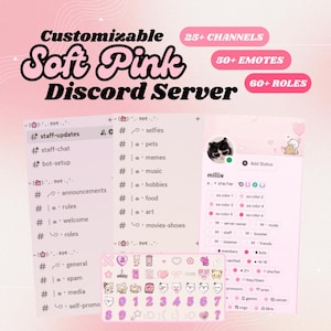 Puede incluir: Una captura de pantalla de un servidor de Discord personalizable con un tema rosa suave. El servidor tiene más de 25 canales, más de 50 emojis y más de 60 roles. El servidor presenta una lista de canales, un perfil de usuario y una selección de emojis.