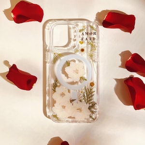 Echte gepresste weiße Blume Handytasche Personal Custom Name hinzufügen MagSafe iPhone 16 15 14 13 12 11 Pro Max Plus Samsung Galaxy S25 S24 S23 S22