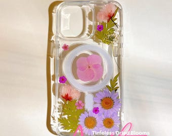 Dried Pressed Flower Custom Name MagSafe Phone Case for iPhone 17 16 E 15 14 13 12 11 Pro Max plus Samsung s 26 25 24 23 22 cover