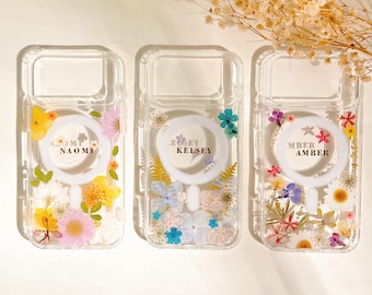 Custodia per telefono MagSafe con fiori veri essiccati e pressati, personalizzata con nome, per iPhone 17, 16, E, 15, 14, 13, 12, Pro Max e Samsung S 23, 24, 25, 26 Ultra.