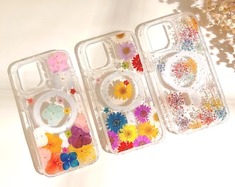 MagSafe Custom Name Real Floral Phone Case iPhone 17 16 E 15,14,13,12,Pro Max plus Samsung S 23 24 25 26 Ultra Pressed Dried Flower Cases