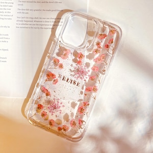 Nom personnalisé Coque de téléphone transparente pressée à la main avec de vraies fleurs pour iPhone 16 15 14 13 12 11 Pro Max plus Samsung s25 s24 s23 s22 Cadeaux personnalisés