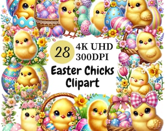 イースターひよこのクリップアート – 28 PNG、イースターをテーマにしたプロジェクトのためのバスケット、卵、春の花を持つかわいくて幸せな赤ちゃんひよこ