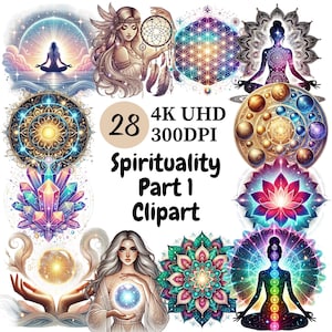 Clipart spiritualité (P1) - 28 PNG, symboles pacifiques, chakras, lunes, icônes spirituelles, cristaux et dessins énergétiques, usage commercial illimité