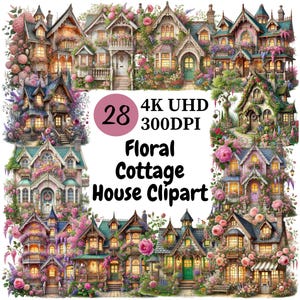 Clipart maison de cottage floral - 28 PNG, cottages charmants et pittoresques ornés de fleurs, cottages confortables et fantaisistes avec de belles fleurs