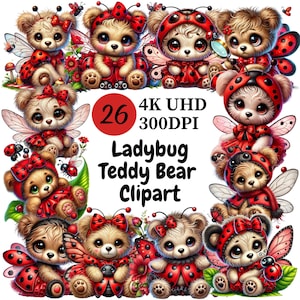 Clipart ours en peluche coccinelle - 26 PNG, adorables oursons déguisés en coccinelles, pour des créations amusantes et fantaisistes, usage commercial illimité