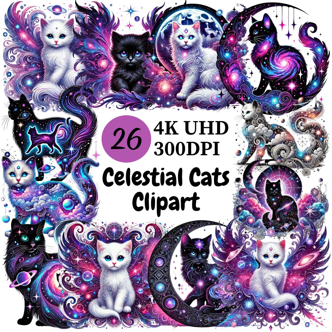 Celestial Cats Clipart - 26 PNG, Mystical and Magical Cat Designs With ...