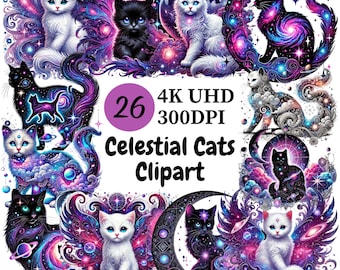 Celestial Cats Clipart: Mystical Starry Feline Designs (26 PNG) - Commercial Use
