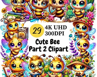 Cute Bee Clipart (P2) - 29 PNG, Adorable and Playful Bees with Sweet Expressions, Buzzing Bees, Unlimited Commercial Use, Digital Download