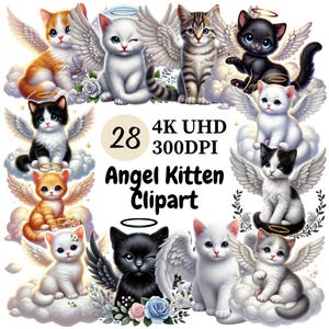 天使の子猫のクリップアート - 28 PNG、天使の羽を持つ天国のようなかわいい子猫、気まぐれで心温まる作品に最適、デジタルダウンロード