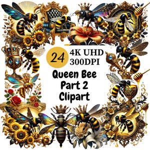 Queen Bee Clipart (P2) - 24 PNG Cute Bumblebee Graphics, Gold Crown Bee, Honeycomb, Floral Bees, Unlimited Commercial Use