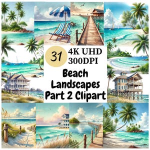 Beach Landscapes Clipart (P2) – 31 PNG, Sunny Beaches, Waves, Palm Trees and Seaside Scenes, Unlimited Commercial Use, Digital Download