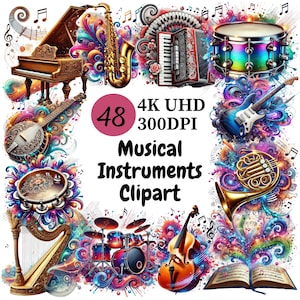 Musical Instruments Clipart - 48 PNG, Colorful Guitars, Drums, Pianos and Creative Music Designs, Unlimited Commercial Use