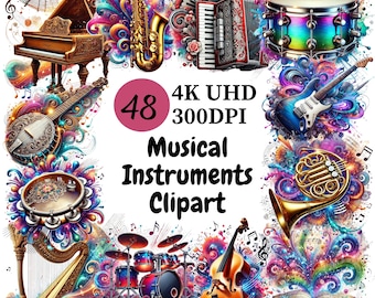 Clipart kleurrijke muziekinstrumenten: 48 png-ontwerpen (commercieel gebruik)