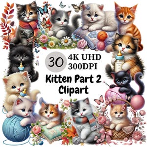 Kitten Clipart (P2) - 30 PNG, Cute and Playful Kittens Adorable Poses, Cuddly Cat Illustrations, Unlimited Commercial Use, Digital Download