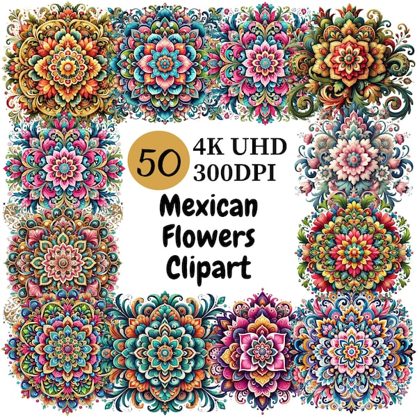 Clipart de flores mexicanas: 50 diseños florales PNG coloridos (descarga digital)
