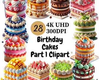 Birthday Cakes Clipart: 28 Festive PNG Party Designs (Digital Download)