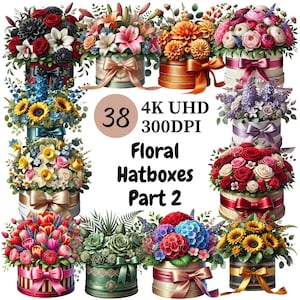 Floral Hat Boxes Clipart (P2) - 38 PNG, Elegante Flower Box Grafiken, Geschenkanhänger und Hochzeitsdekor, digitaler Download, unbegrenzte kommerzielle Nutzung