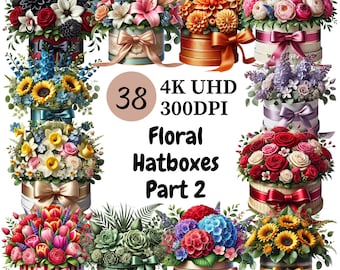 Floral Hat Boxes Clipart: Elegant Flower Box Graphics (Digital Download)