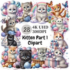 Kitten Clipart (P1) - 28 PNG, Cute and Playful Kittens Adorable Poses, Cuddly Cat Illustrations, Unlimited Commercial Use, Digital Download