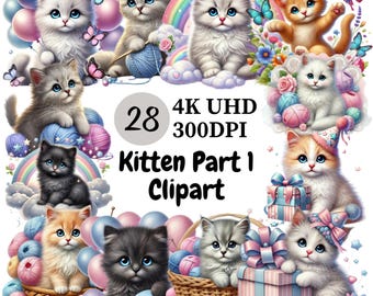 Kitten Clipart (P1) - 28 PNG, Cute and Playful Kittens Adorable Poses, Cuddly Cat Illustrations, Unlimited Commercial Use, Digital Download