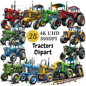 Imágenes prediseñadas de tractores: 28 PNG, tractores agrícolas coloridos y divertidos, diseños con temática campestre, proyectos con temática de granja, uso comercial ilimitado