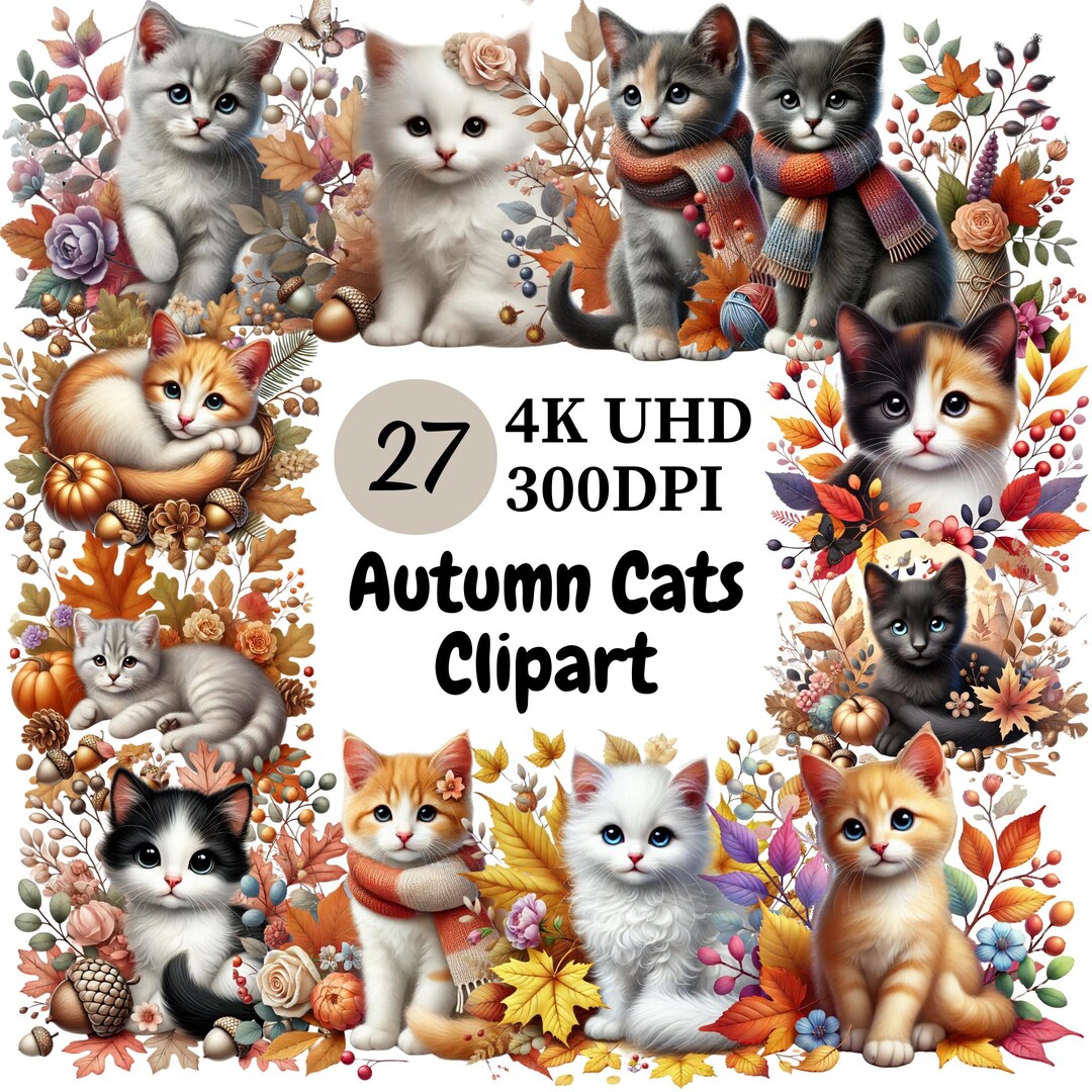 Autumn Cats Clipart - 27 PNG, Cozy and Cute Cats With Fall Leaves ...