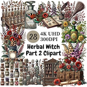 Clipart de bruxa de ervas (P2) - 28 PNG, ervas mágicas, elementos de bruxa, garrafas vintage, remédios de ervas, uso comercial ilimitado