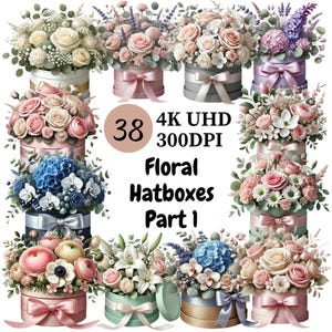 Puede incluir: 38 sombreros de flores en varios colores y estilos, con diferentes tipos de flores, incluyendo rosas, lirios e hortensias. 4K UHD 300DPI. Parte 1.
