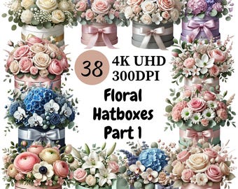 Floral Hat Boxes Clipart: Elegant Flower Box Graphics (Digital Download)