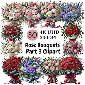 Rose Bouquets Clipart (P3) - 30 PNG, Elegant Floral Arrangements Featuring Roses in Soft and Vibrant Colors, Unlimited Commercial Use