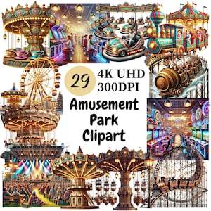Pretpark clipart - 29 png, leuke en kleurrijke carnavalsattracties, kermislekkernijen, leuke attracties, reuzenraderen, achtbanen