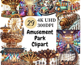 Amusement Park Clipart: Carnival Rides, Games (29 PNG) (Digital Download)