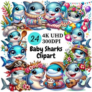 Cute Baby Sharks Clipart - 24 PNG, Adorable and Colorful Baby Sharks, Cute Ocean Themed, Digital Download, Unlimited Commercial Use