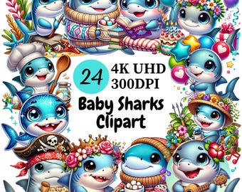 Cute Baby Sharks Clipart - 24 PNG, Adorable and Colorful Baby Sharks, Cute Ocean Themed, Digital Download, Unlimited Commercial Use
