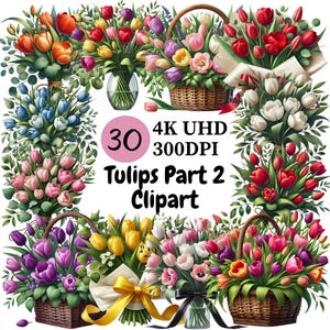 Tulips Clipart (P2) - 30 PNG, Colorful and Elegant Tulip Flowers in Soft and Bright Shades, Unlimited Commercial Use, Digital Download