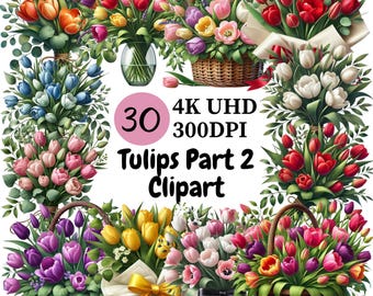 Tulips Clipart: 30 Elegant PNG Flowers, Commercial Use (Digital Download)
