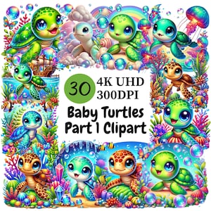 Baby Turtles Clipart (P1) – 30 PNG, Cute and Happy Colorful Little Turtles for Fun, Happy and Adorable Designs, Unlimited Commercial Use