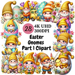Easter Gnomes Clipart (P1) -  28PNG, Adorable Gnomes with Easter Eggs and Spring Flowers, Cute and Colorful Gnomes, Digital Download