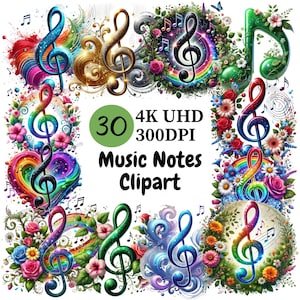 Music Notes Clipart – 30 PNG, Colorful Musical Notes, Fun Symbols, Treble Clefs and Music Symbols for Bright and Happy Music Themed Designs