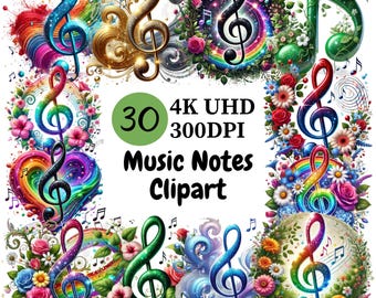 Colorful Music Notes Clipart: PNG Treble Clef Graphics (Digital Download)