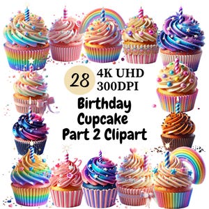Birthday Cupcake Clipart (P2) - 28 PNG, Colorful and Cute Cupcakes with Candles, Sprinkles and Decorations for Fun Party Designs