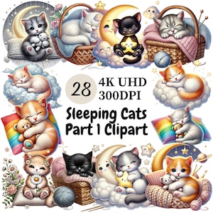 Sleeping Cats Clipart (P1) - 28 PNG, Adorable, Peaceful and Cozy Kittens in Dreamy Poses, for Cute and Relaxing Design, Digital Download