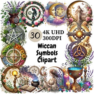 Clipart symboles wicca - PNG 30, lunes magiques, pentacles, étoiles et signes spirituels pour des conceptions mystiques et magiques, téléchargement numérique