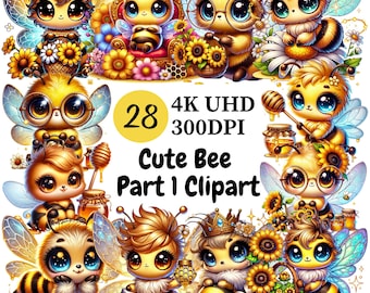 Cute Bee Clipart (P1) - 28 PNG, Adorable and Playful Bees with Sweet Expressions, Buzzing Bees, Unlimited Commercial Use, Digital Download